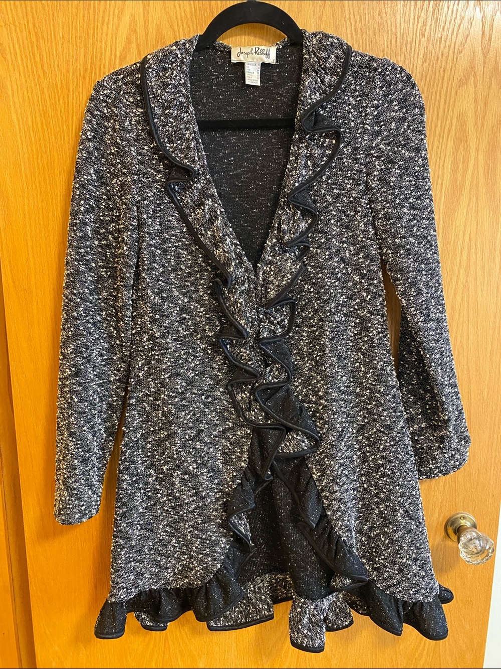 Joseph Ribkoff Black and White Textured Ruffle Jacket